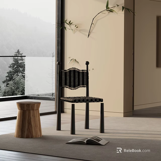 Modern Interior Leisure Chair With Black Woven Design And Wooden Stool By Scenic Window 3d model 