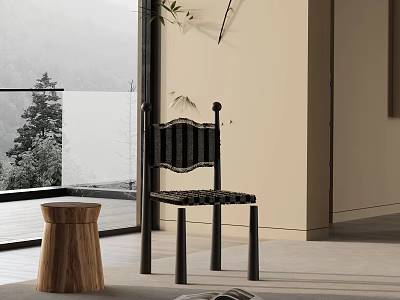 Modern Interior Leisure Chair With Black Woven Design And Wooden Stool By Scenic Window 3d model