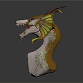 Dragon Head Sculpture Featuring Purple Horns Yellow Wings Open Mouth Fangs And White Spotted Base