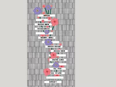 Gray Brick Wall With White Paper Strips Colorful Text And Pink Purple Flowers 3d model