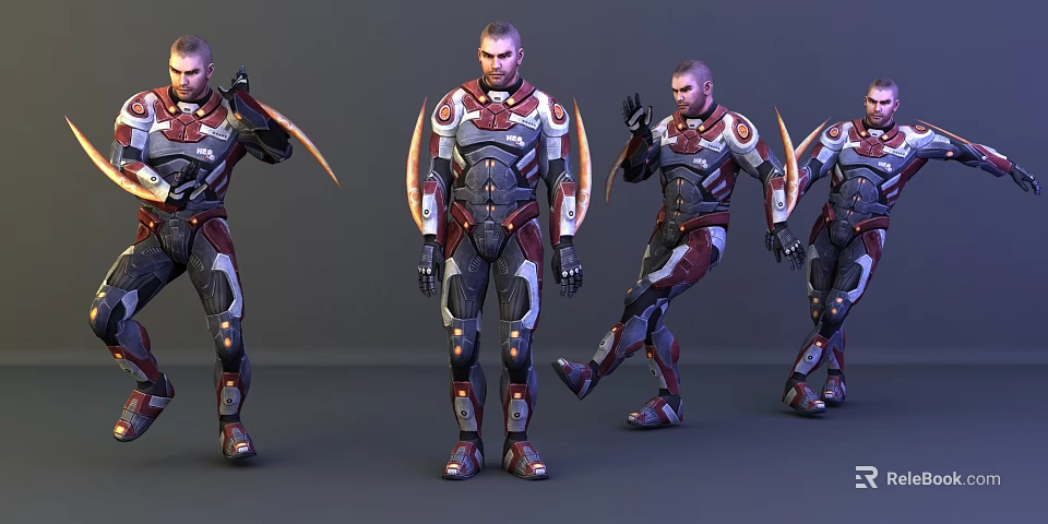 Futuristic Sci Fi Game Character In Red Silver Armor With Dynamic Poses 3d model 
