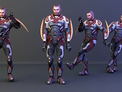 Futuristic Sci Fi Game Character In Red Silver Armor With Dynamic Poses 3d model