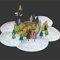 3D Scenic Design With Circular Ground Green Trees Small House People And Cloud Like Edges