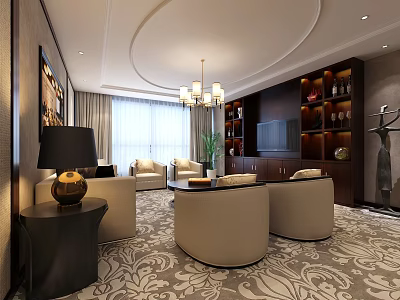 Elegant Modern Lounge Interior Design With Beige Sofas Chandelier And Bookshelves 3d model