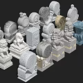 Various Styles of Stone and Wood Carvings with Lion Figures and Decorative Details