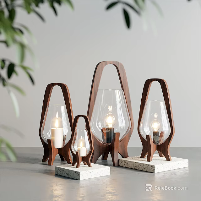 Modern Wooden Frame Table Lamps With Glass Shades In Various Sizes On Gray Tabletop 3d model 