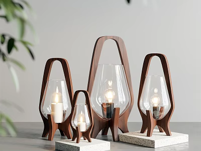 Modern Wooden Frame Table Lamps With Glass Shades In Various Sizes On Gray Tabletop 3d model