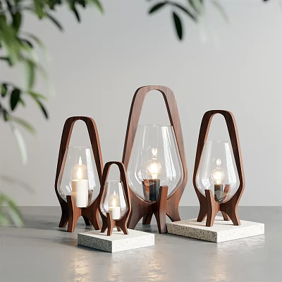 Modern Wooden Frame Table Lamps With Glass Shades In Various Sizes On Gray Tabletop 3d model