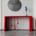 Red Console Table With Blue Sculpture And Circular Wall Decor In Modern Interior 3d model