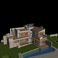 Modern Detached Villa with Large Windows Terrace Pool Surrounded by Lush Greenery and Mountain View