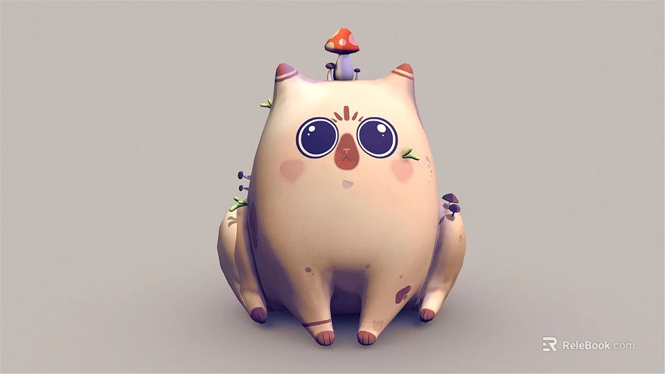 Cute Round Bodied Cartoon Cat Character With Big Eyes Mushroom On Head And Small Plants 3d model 