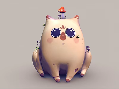 Cute Round Bodied Cartoon Cat Character With Big Eyes Mushroom On Head And Small Plants 3d model