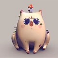 Cute Round Bodied Cartoon Cat Character With Big Eyes Mushroom On Head And Small Plants