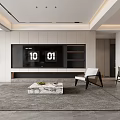 Modern Living and Dining Room Interior With Sofa Coffee Table Marble Coffee Table Dining Chairs And Lighting