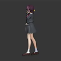 Anime Style Game Character In Gray School Uniform With Purple Hair Glasses And Pink Bow