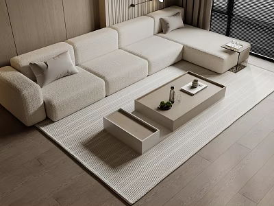 Minimalist Light Fabric Sofa With Pillows And Rectangular Coffee Table Set On Light Rug 3d model