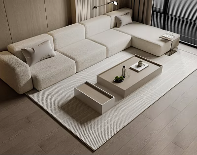 Minimalist Light Fabric Sofa With Pillows And Rectangular Coffee Table Set On Light Rug 3d model