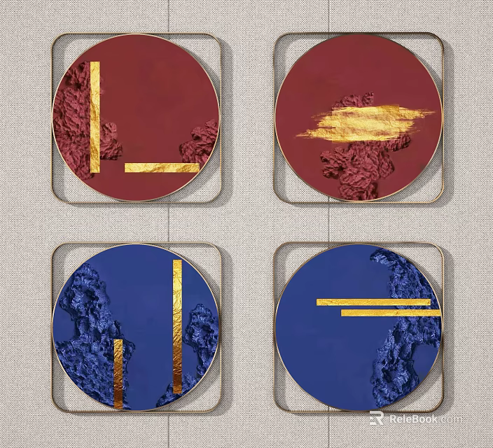 Abstract Wall Decor With Red Blue Circular Frames And Gold Textured Lines 3d model