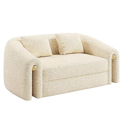 Beige Plush Two-Seater Sofa With Two Cushions And Golden Decorative Buttons On Armrests 3d model