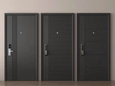 Black Home Security Doors With Three Different Modern Textures Arranged Side By Side 3d model