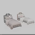 Two Kids Beds With Decorative Headboard Light Colored Bedding Fringed Edges