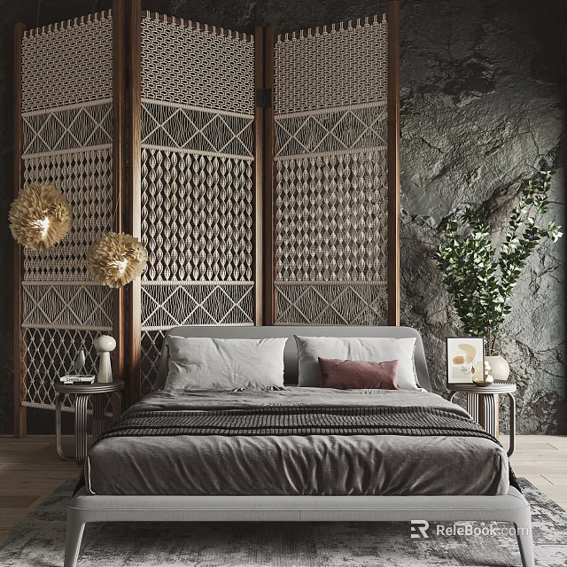 Double Bed With Gray Quilt Red Pillow Wooden Lattice Screen Rock Wall And Green Plant 3d model 
