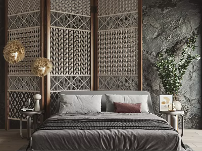 Double Bed With Gray Quilt Red Pillow Wooden Lattice Screen Rock Wall And Green Plant 3d model