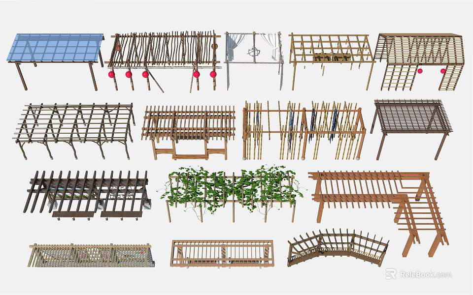 Various Pergola Designs With Wooden Metal Structures And Climbing Plants 3d model 