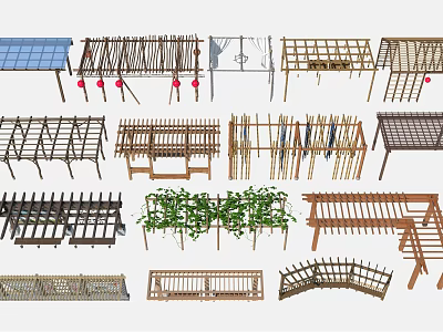Various Pergola Designs With Wooden Metal Structures And Climbing Plants 3d model