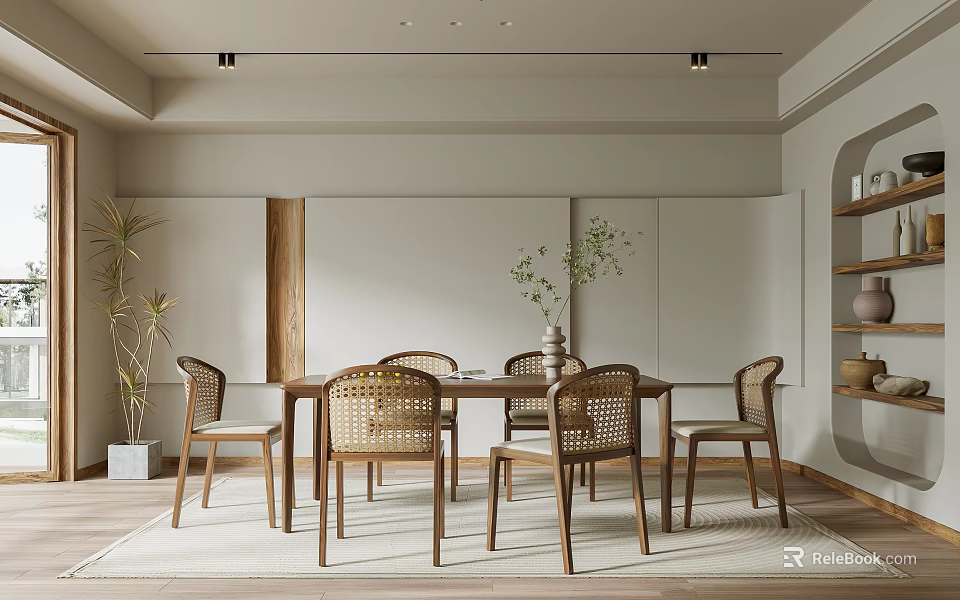 Minimalist Restaurant Interior With Wooden Dining Table Rattan Chairs And Potted Greenery 3d model 