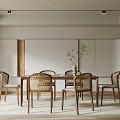Minimalist Restaurant Interior With Wooden Dining Table Rattan Chairs And Potted Greenery