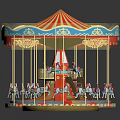 Illuminated Carousel Amusement Ride With Red White Striped Canopy Blue Gold Decorations And Pony Seats