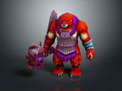 Red Bear Warrior Fantasy Creature 3D Model With Purple Ornaments Weapon And Package 3d model