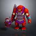 Red Bear Warrior Fantasy Creature 3D Model With Purple Ornaments Weapon And Package