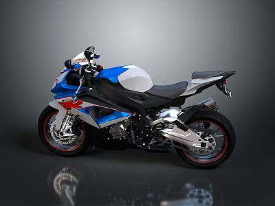 Sleek Modern Sport Motorcycle In Blue White Black With Red Wheels And Silver Exhaust 3d model