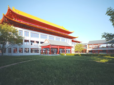 Traditional Building Exterior Wall With Yellow Roof Red Decorations And Multi Story Design Near Green Lawn Trees 3d model