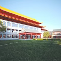 Traditional Building Exterior Wall With Yellow Roof Red Decorations And Multi Story Design Near Green Lawn Trees