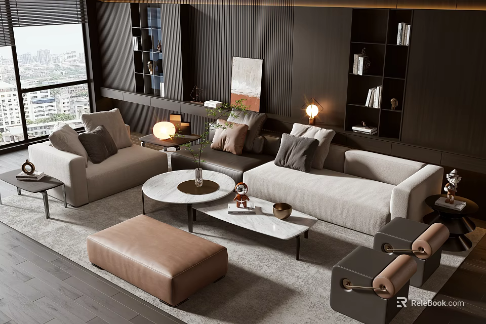 Modern Living Room Sofa And Coffee Table Set With Pillows Rug And Side Tables 3d model 