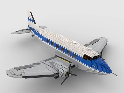 Building Blocks Vintage Airplane Model With Blue White Gray Design Propellers And Wings 3d model