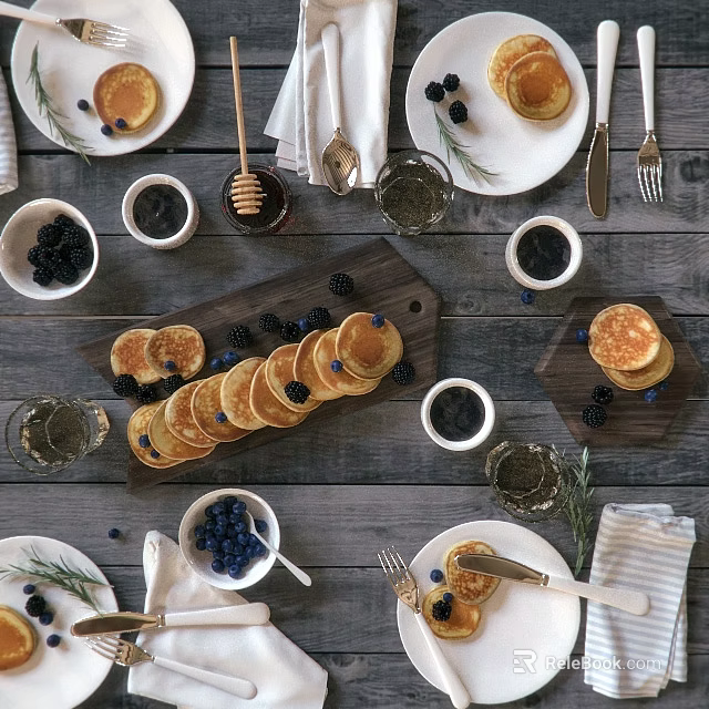 Fresh Homemade Pancakes Topped With Blueberries Blackberries Honey And Syrup On Wooden Table 3d model 