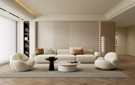 Cream Style Living Room Sofa Coffee Table Combination Single Person Sofa Multi Person Sofa Picture Floor Lamp Carpet 3d model