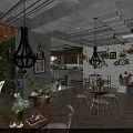Charming Café Interior With Hanging Chandeliers Green Plant Wall Wooden Tables And Chairs