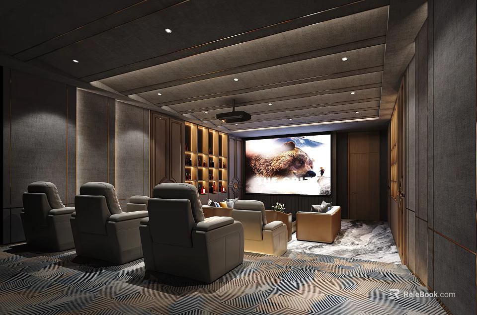 Modern Luxurious Home Theater Room Interior With Comfortable Recliner Chairs Large Screen And Stylish Carpet 3d model 