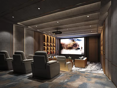 Modern Luxurious Home Theater Room Interior With Comfortable Recliner Chairs Large Screen And Stylish Carpet 3d model