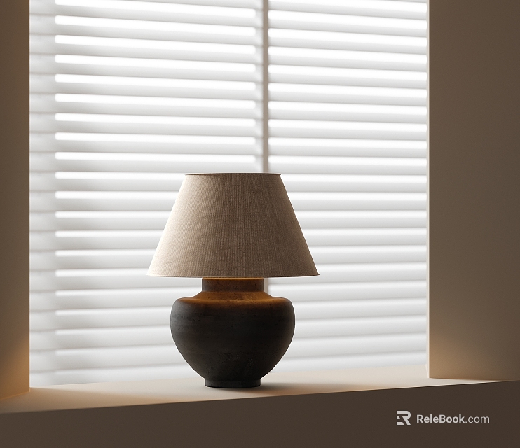 Modern Table Lamp With Beige Fabric Shade And Dark Ceramic Base By Window With White Blinds 3d model 