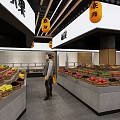 Supermarket Interior With Fruit Baskets Fresh Vegetables Refrigerated Cases And Shopper