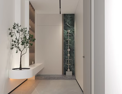 Minimalist Entryway Hallway With Olive Tree White Bench Green Marble Wall And Gray Tile Floor 3d model