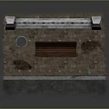 Classic Outdoor Bench With Trash Can Street Lamp Iron Fence And Brick Pavement