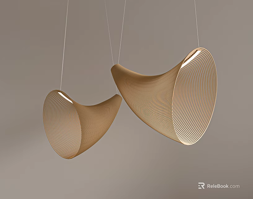 Modern Curved Pendant Lights With Wooden Texture And Hollowed Lines Design 3d model 