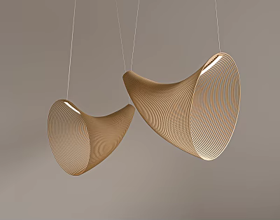 Modern Curved Pendant Lights With Wooden Texture And Hollowed Lines Design 3d model